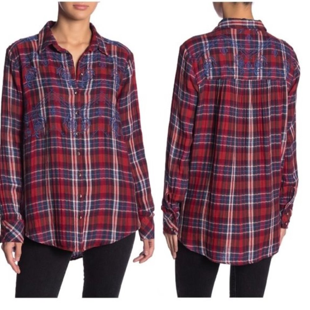Free People Embroidered Plaid Button Down